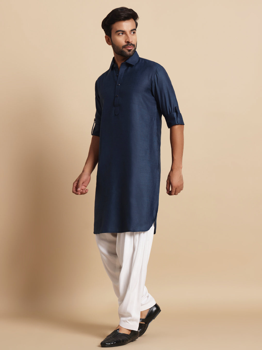 Navy Blue Linen Blend Pathani Set