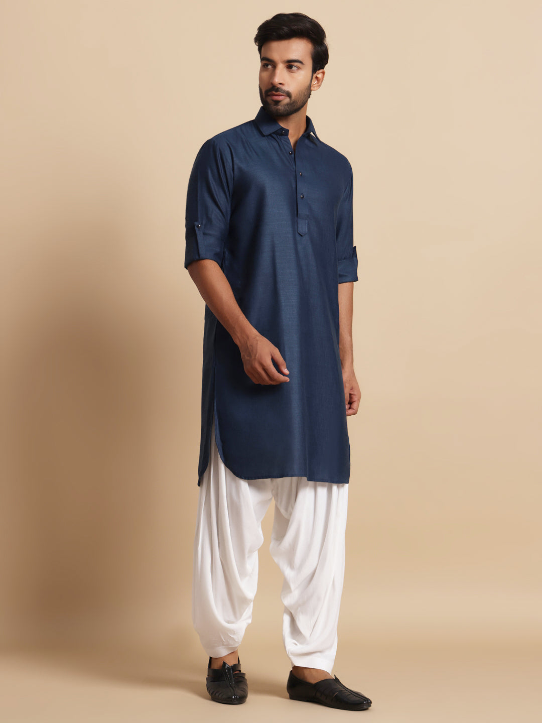 Navy Blue Linen Blend Pathani Set
