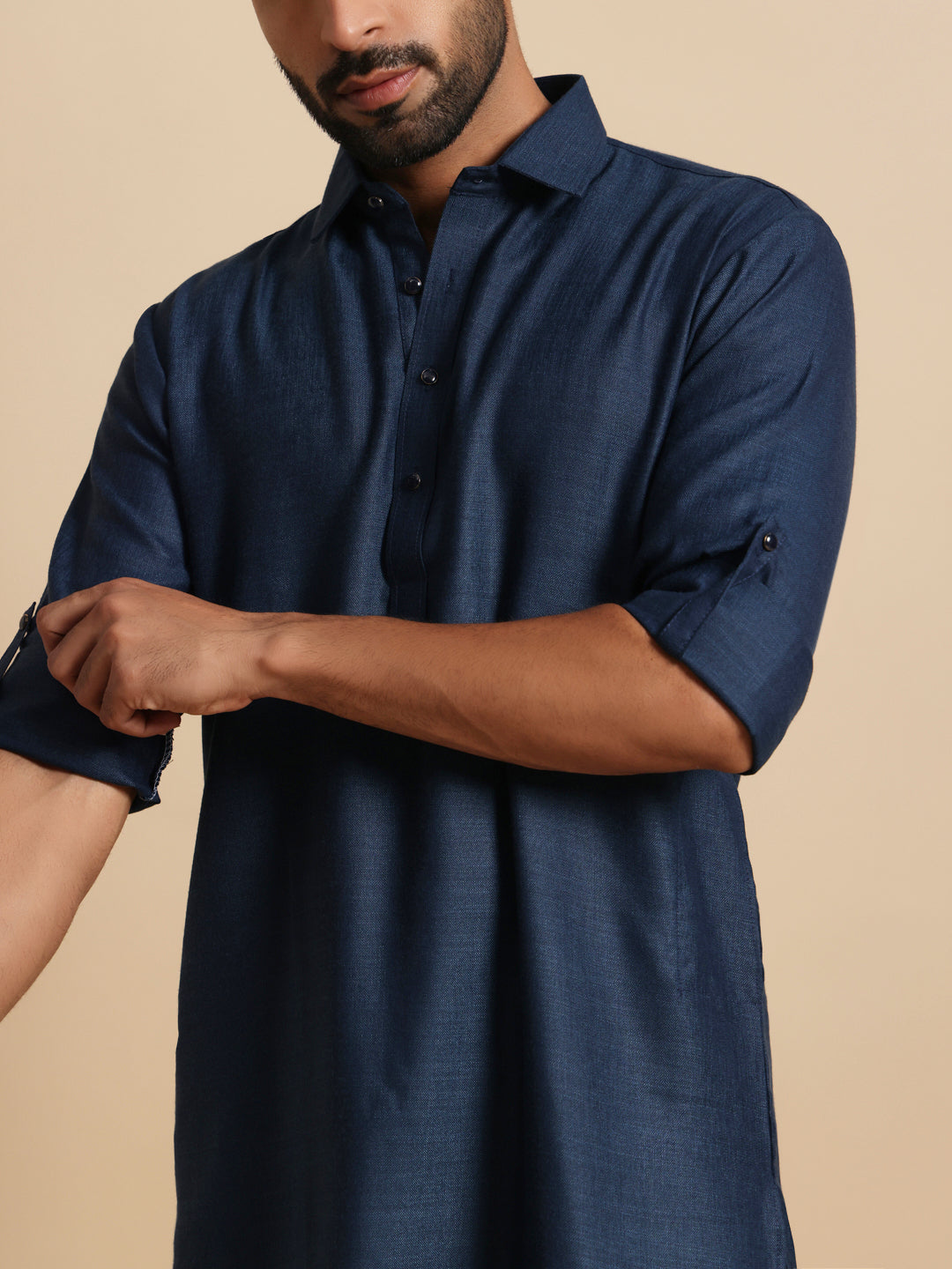 Navy Blue Linen Blend Pathani Set