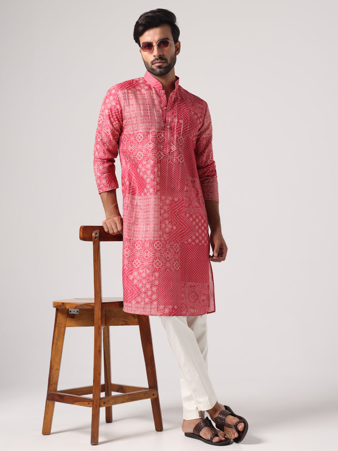 Men Pink Bandej Print Self Design Kurta Trouser Set