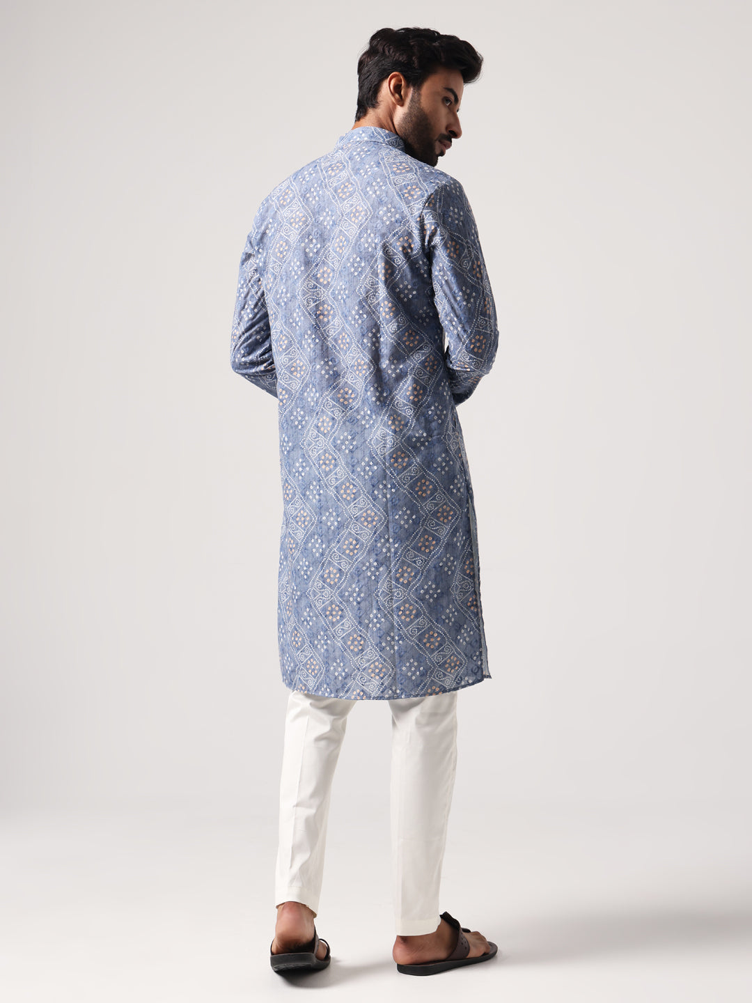 Men Sky Blue Bandni Print Kurta Trouser Set