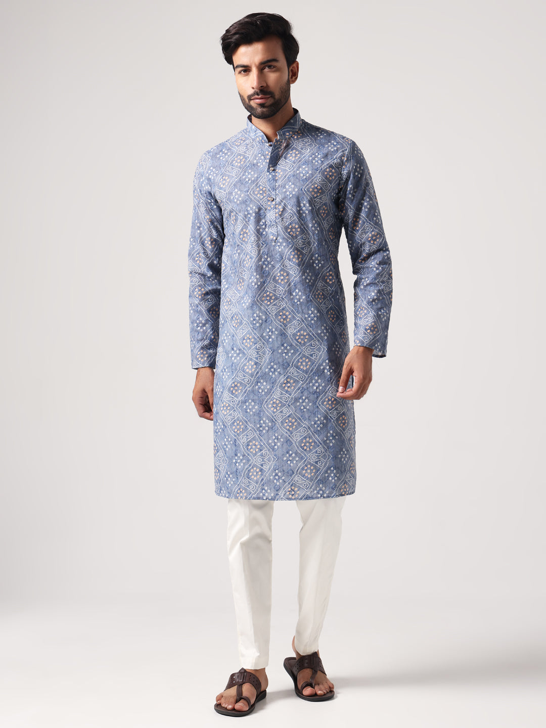 Men Sky Blue Bandni Print Kurta Trouser Set