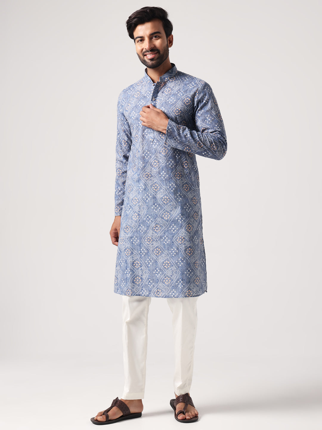 Men Sky Blue Bandni Print Kurta Trouser Set