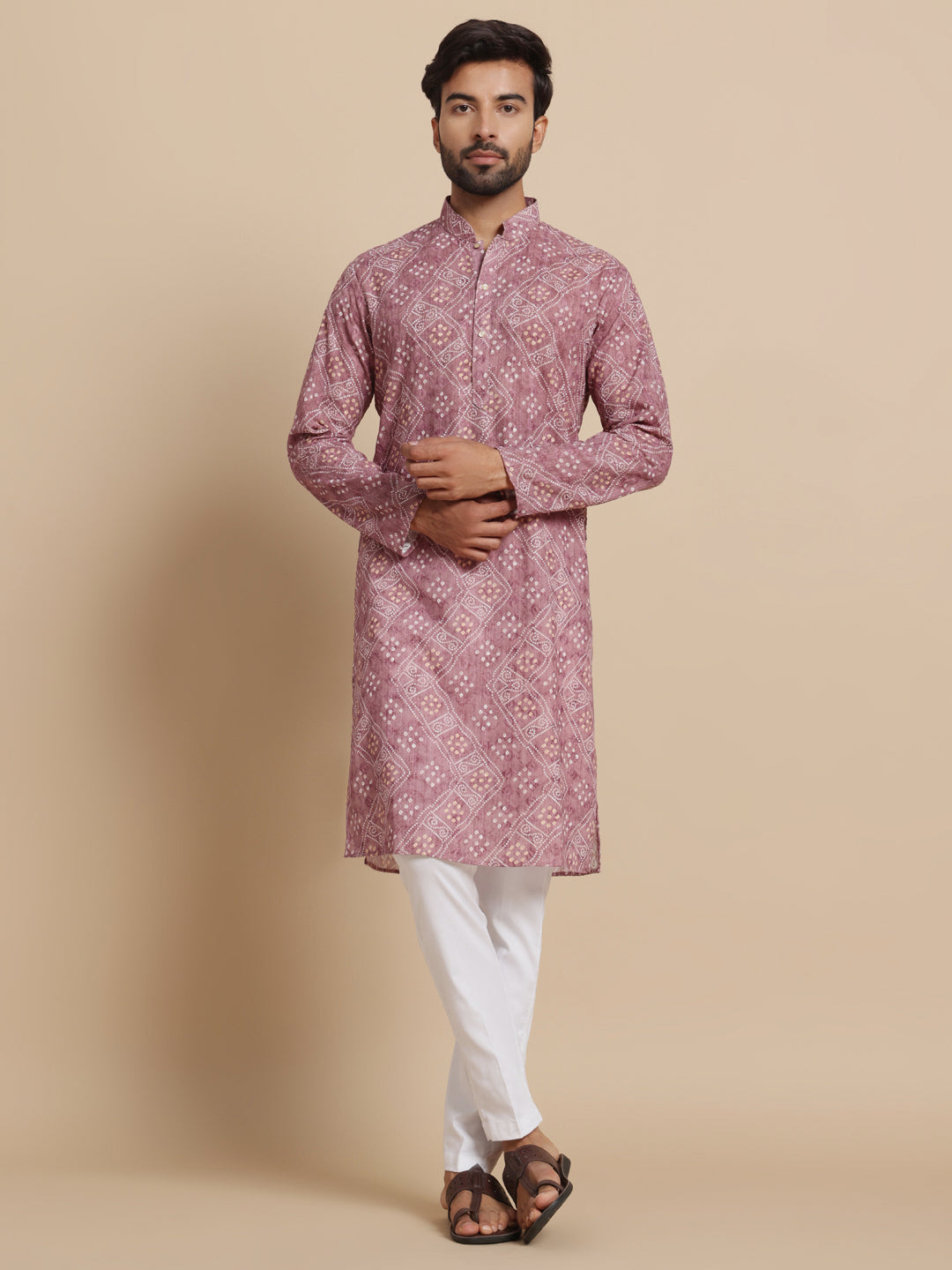 Men Rose Pink Bandni Print Kurta Trouser Set