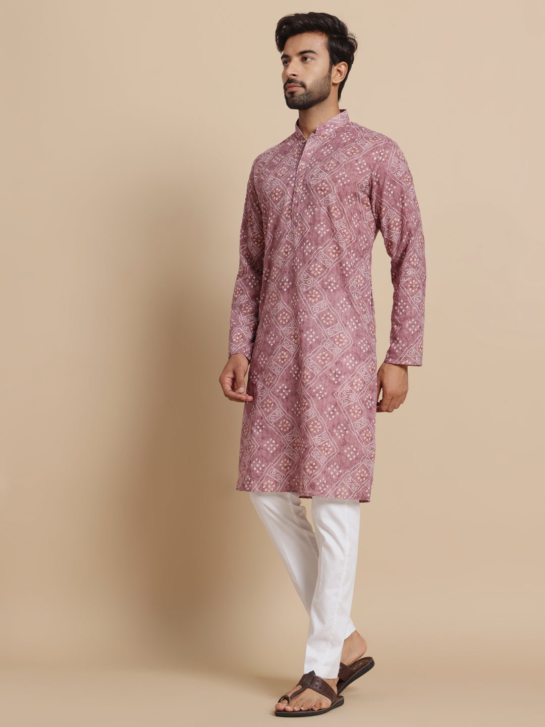 Men Rose Pink Bandni Print Kurta Trouser Set