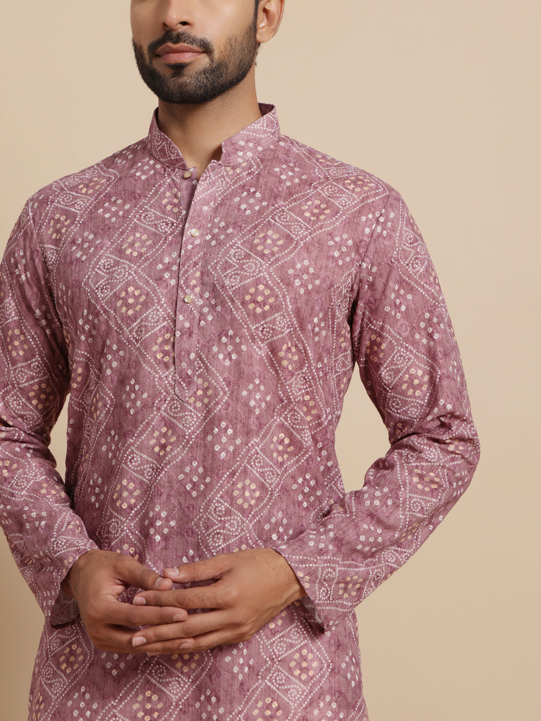 Men Rose Pink Bandni Print Kurta Trouser Set