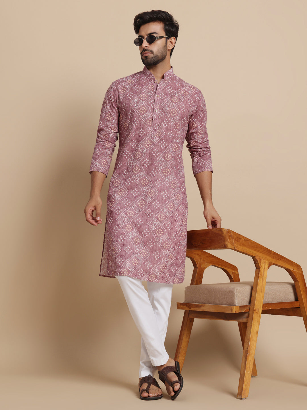 Men Rose Pink Bandni Print Kurta Trouser Set