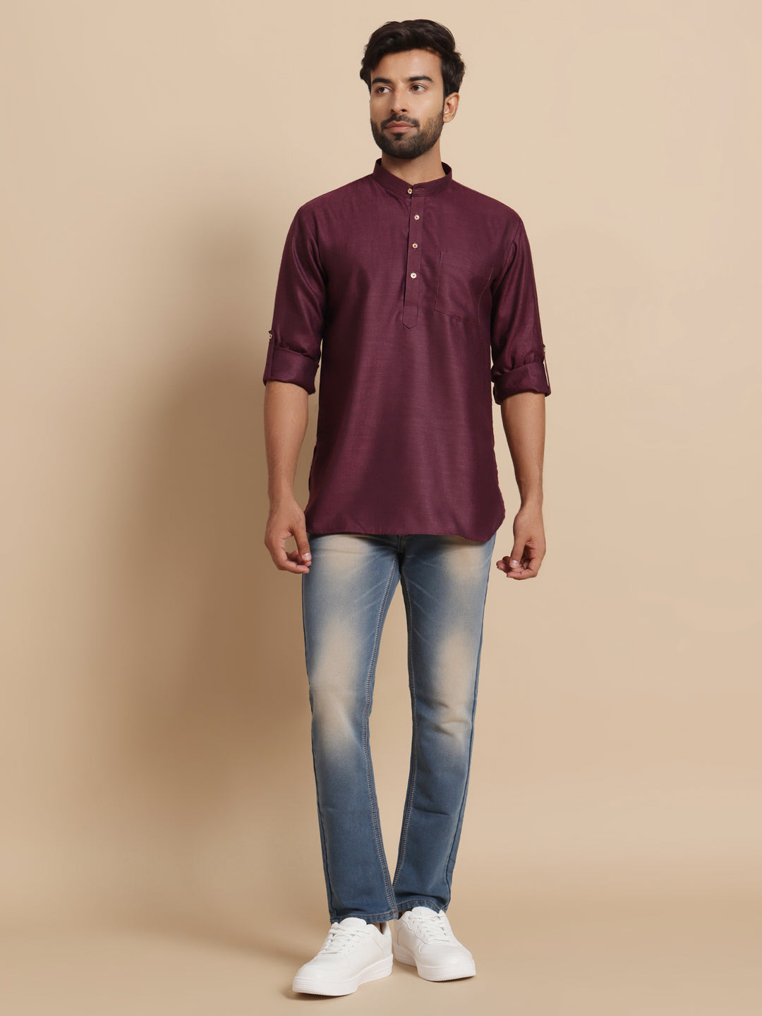Men Maroon Solid Linen Blend Short Kurta Only