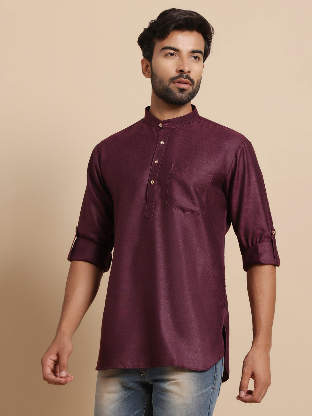Men Maroon Solid Linen Blend Short Kurta Only
