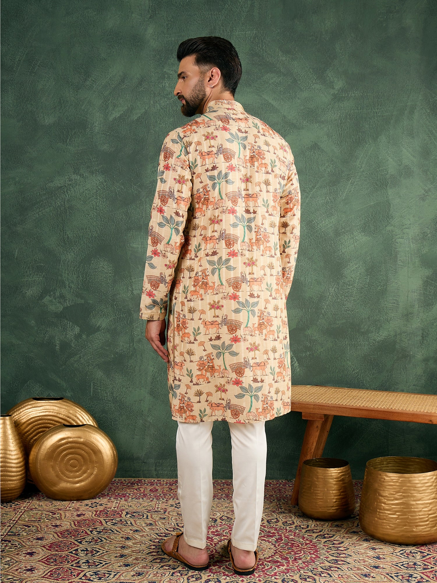 Men Beige Silk Figure Print Kurta Trouser Set