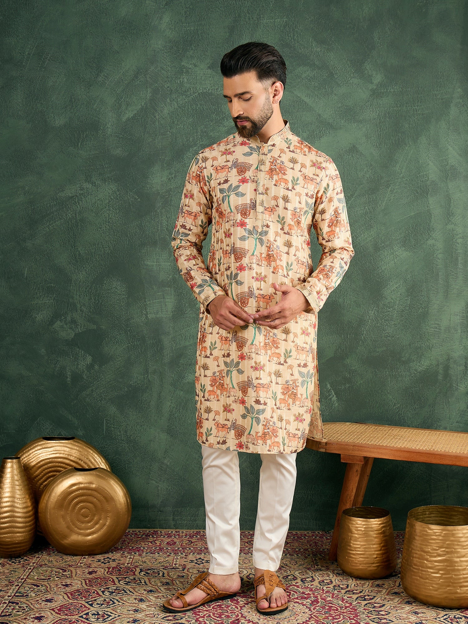 Men Beige Silk Figure Print Kurta Trouser Set