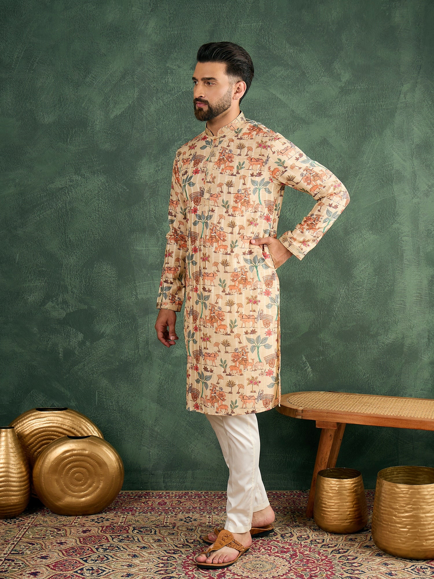 Men Beige Silk Figure Print Kurta Trouser Set