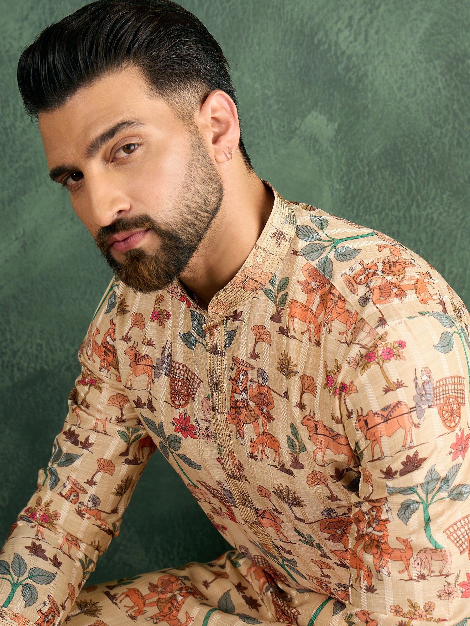 Men Beige Silk Figure Print Kurta Trouser Set