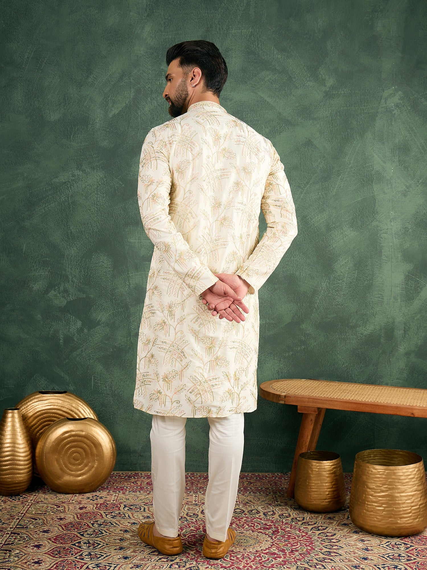 Cream Kurta Trouser Set With Multi Thread Work Haldi/Mehendi Concept