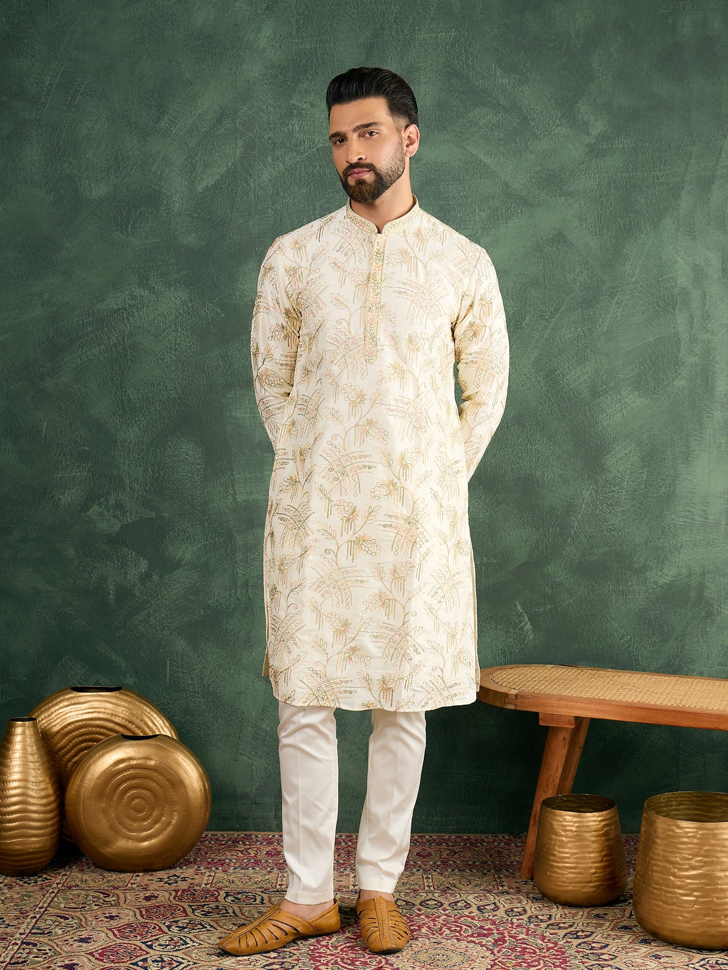 Cream Kurta Trouser Set With Multi Thread Work Haldi/Mehendi Concept
