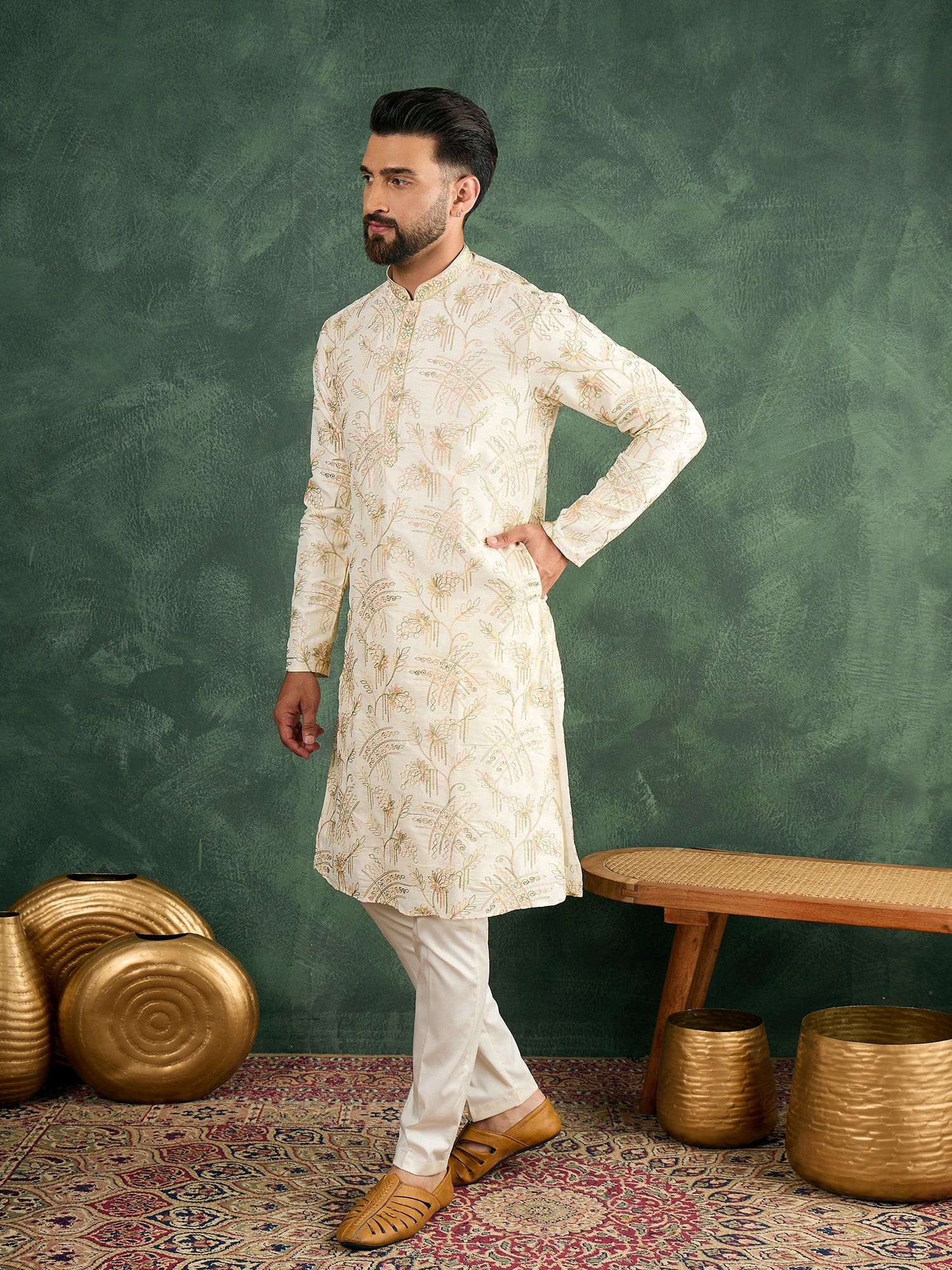 Cream Kurta Trouser Set With Multi Thread Work Haldi/Mehendi Concept