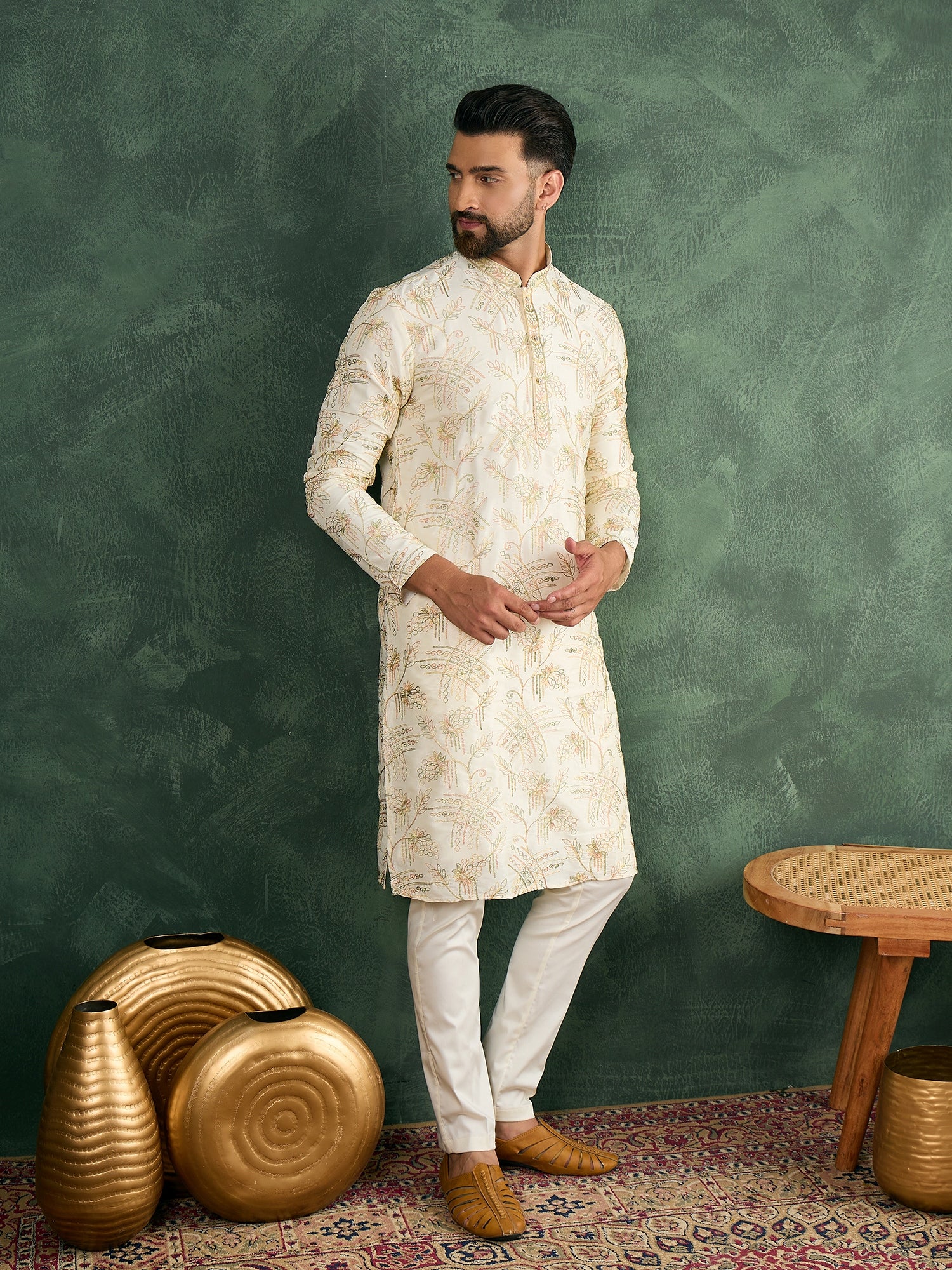 Cream Kurta Trouser Set With Multi Thread Work Haldi/Mehendi Concept