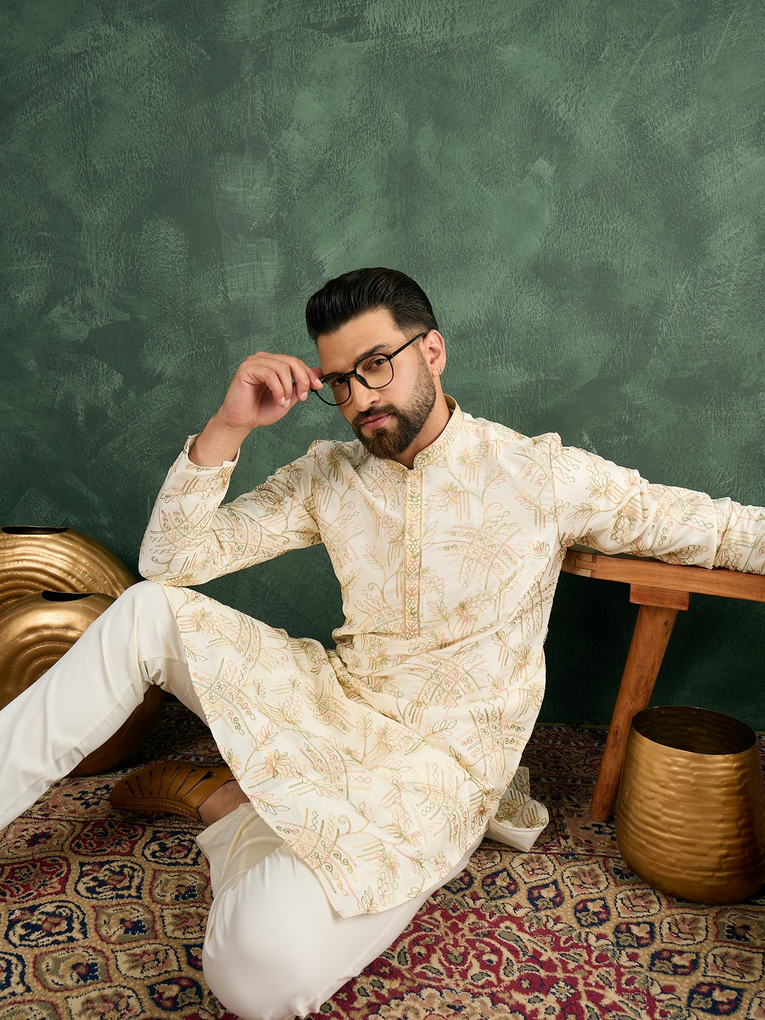 Cream Kurta Trouser Set With Multi Thread Work Haldi/Mehendi Concept
