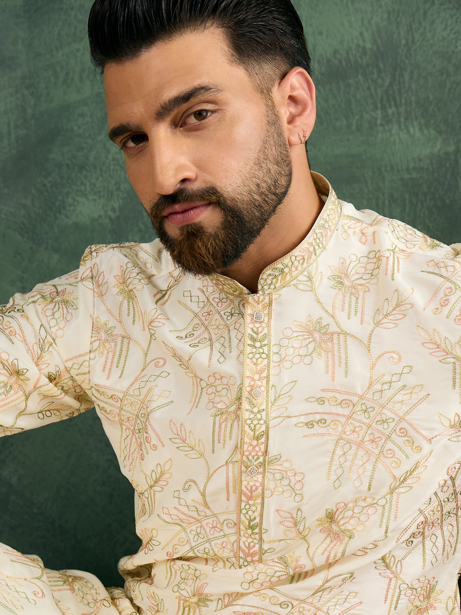 Cream Kurta Trouser Set With Multi Thread Work Haldi/Mehendi Concept