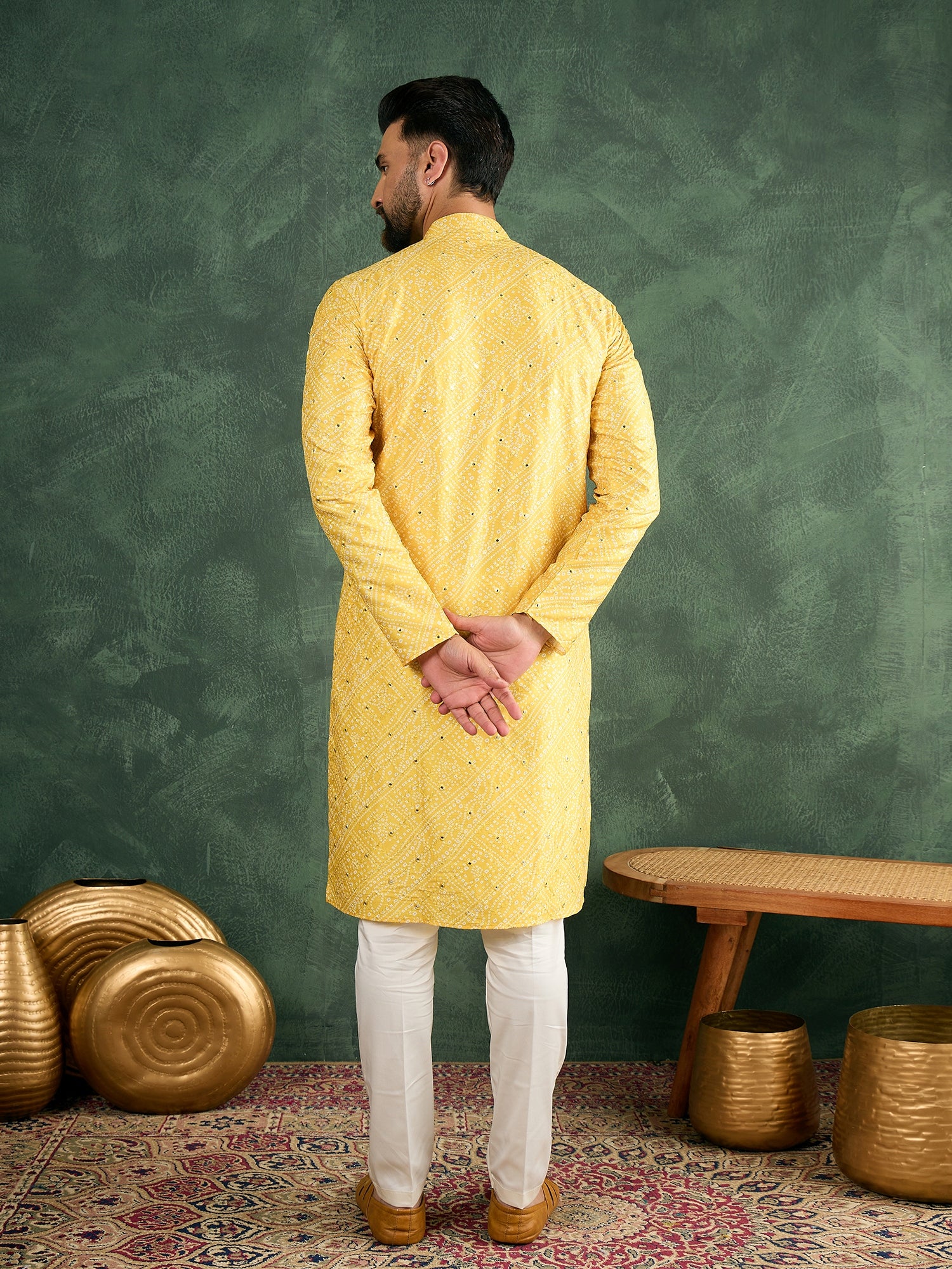 Men Yellow Bandni With Sequize Kurta Trouser Set