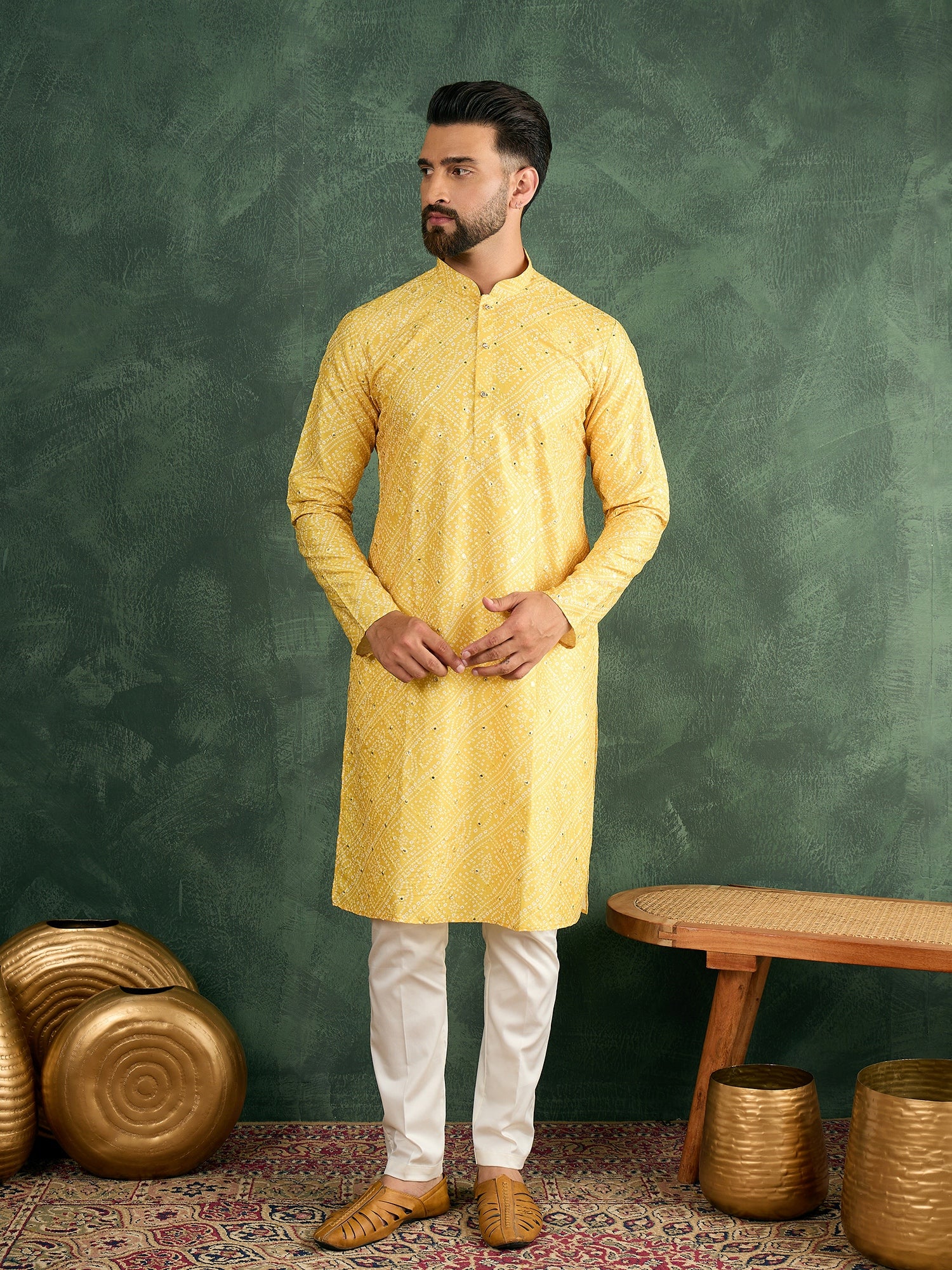 Men Yellow Bandni With Sequize Kurta Trouser Set