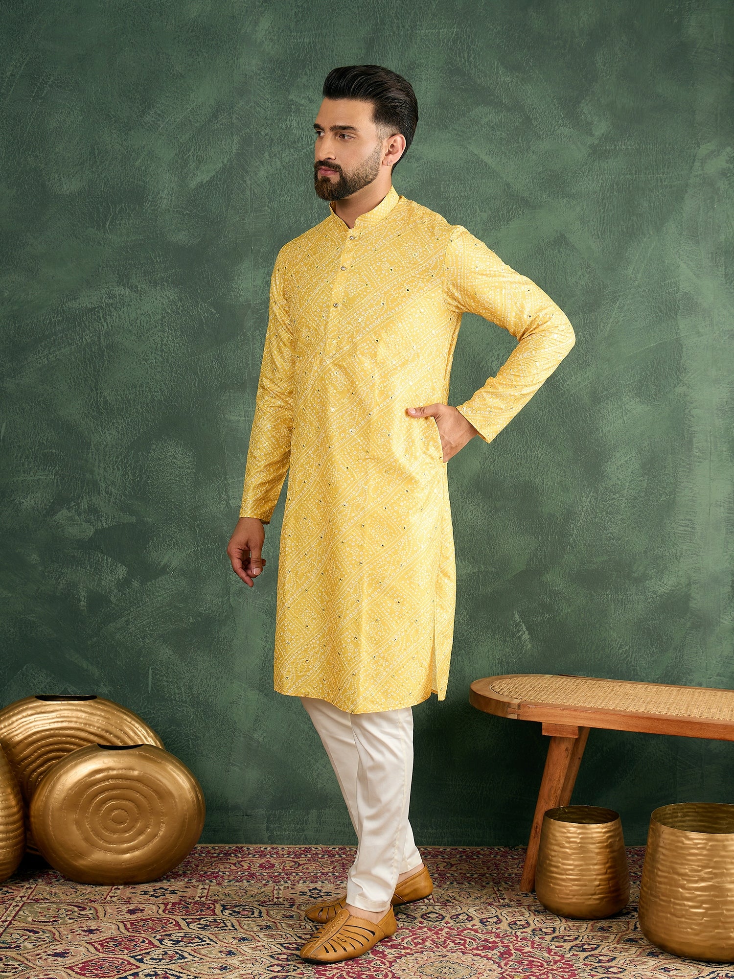 Men Yellow Bandni With Sequize Kurta Trouser Set