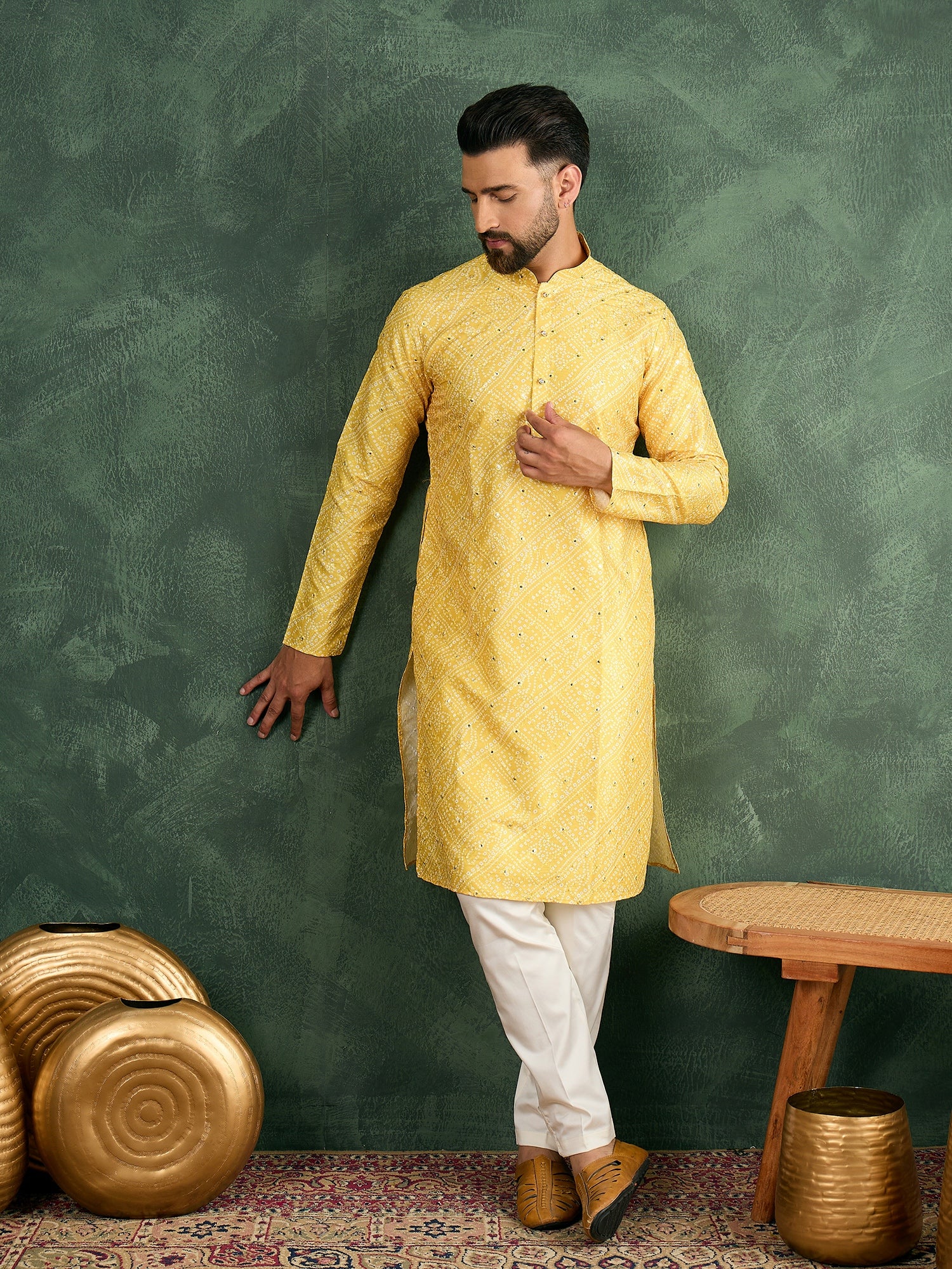 Men Yellow Bandni With Sequize Kurta Trouser Set