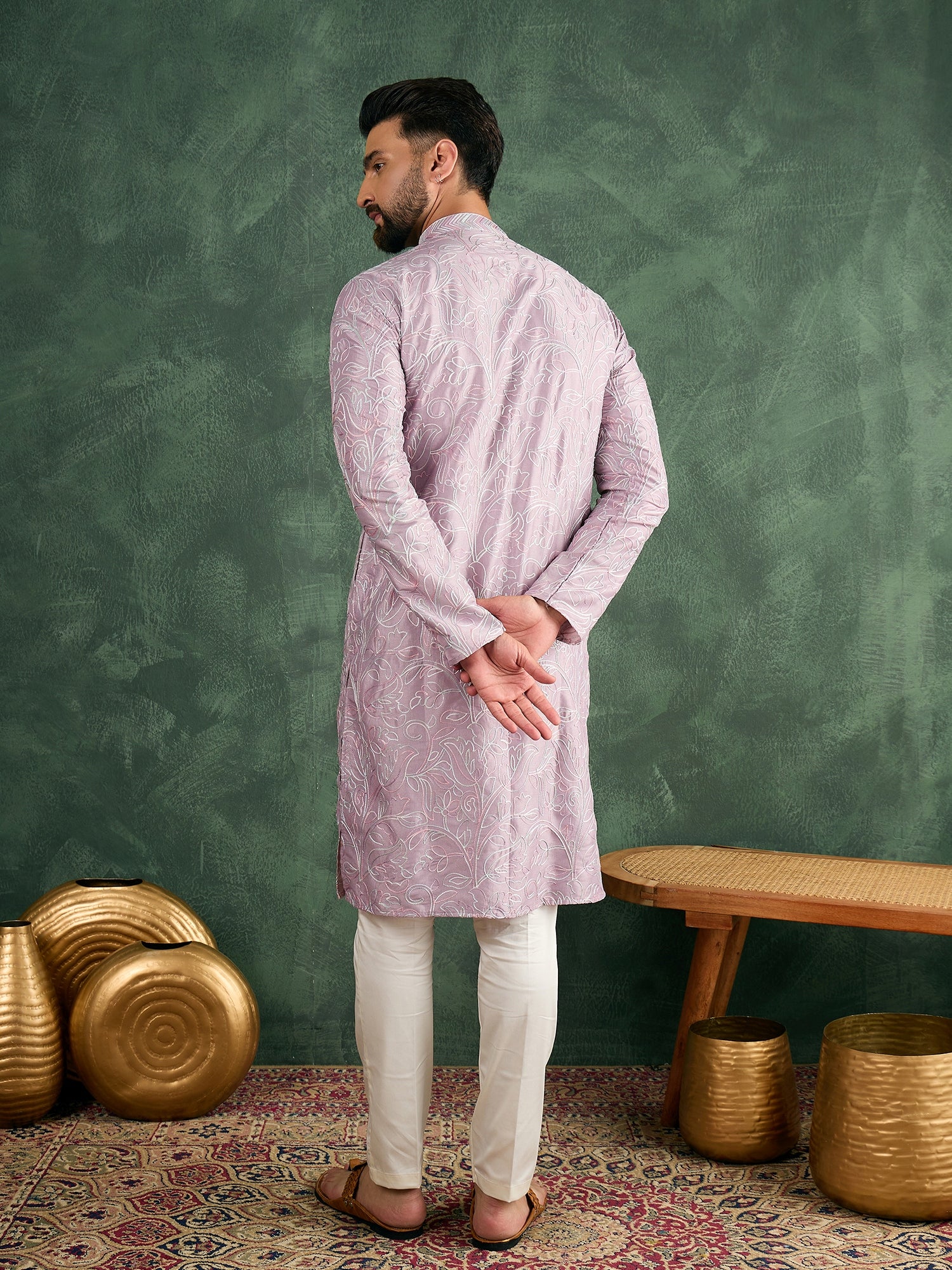 Lilac Silk Embroidered Kurta Trouser Set