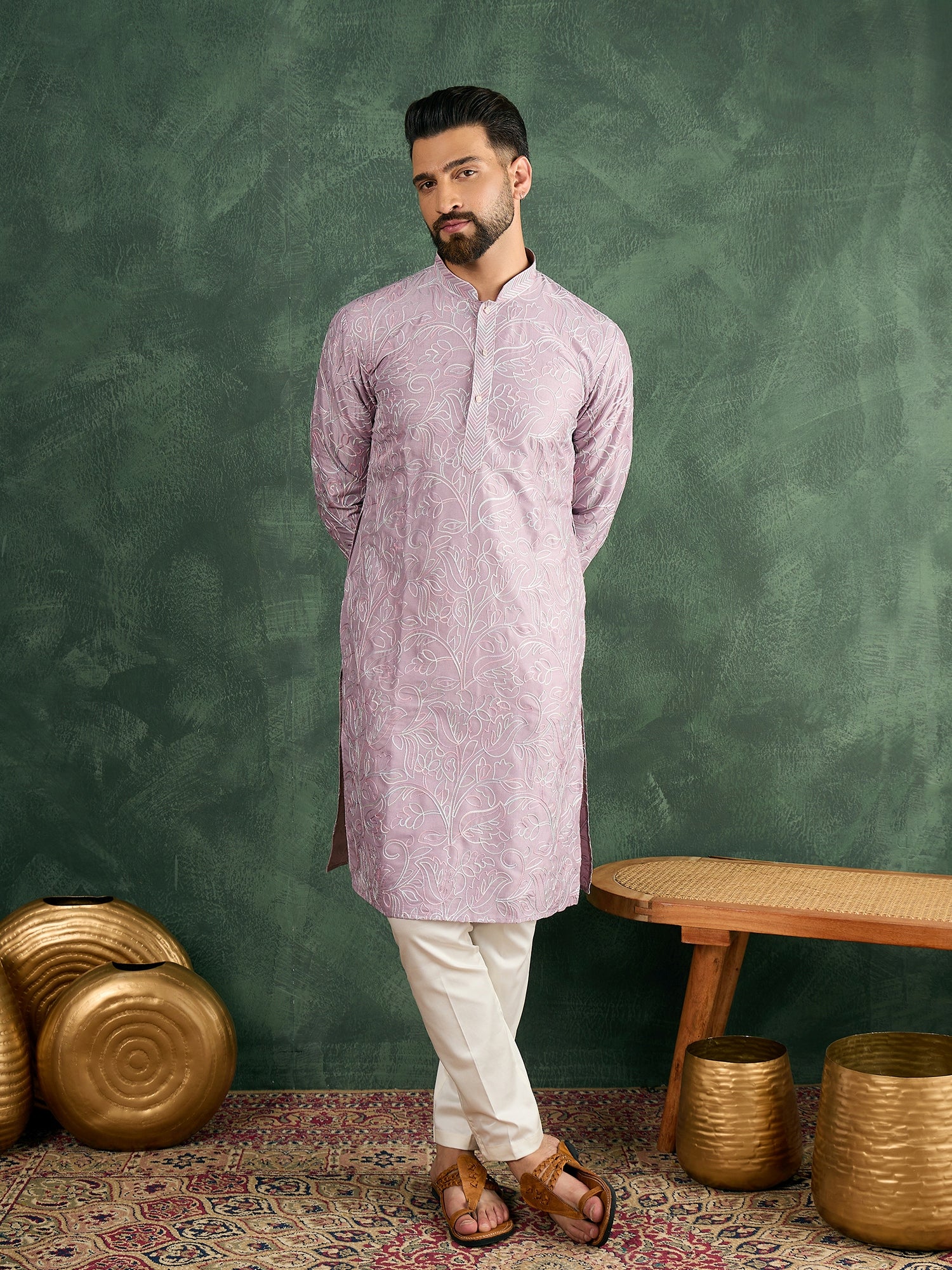 Lilac Silk Embroidered Kurta Trouser Set
