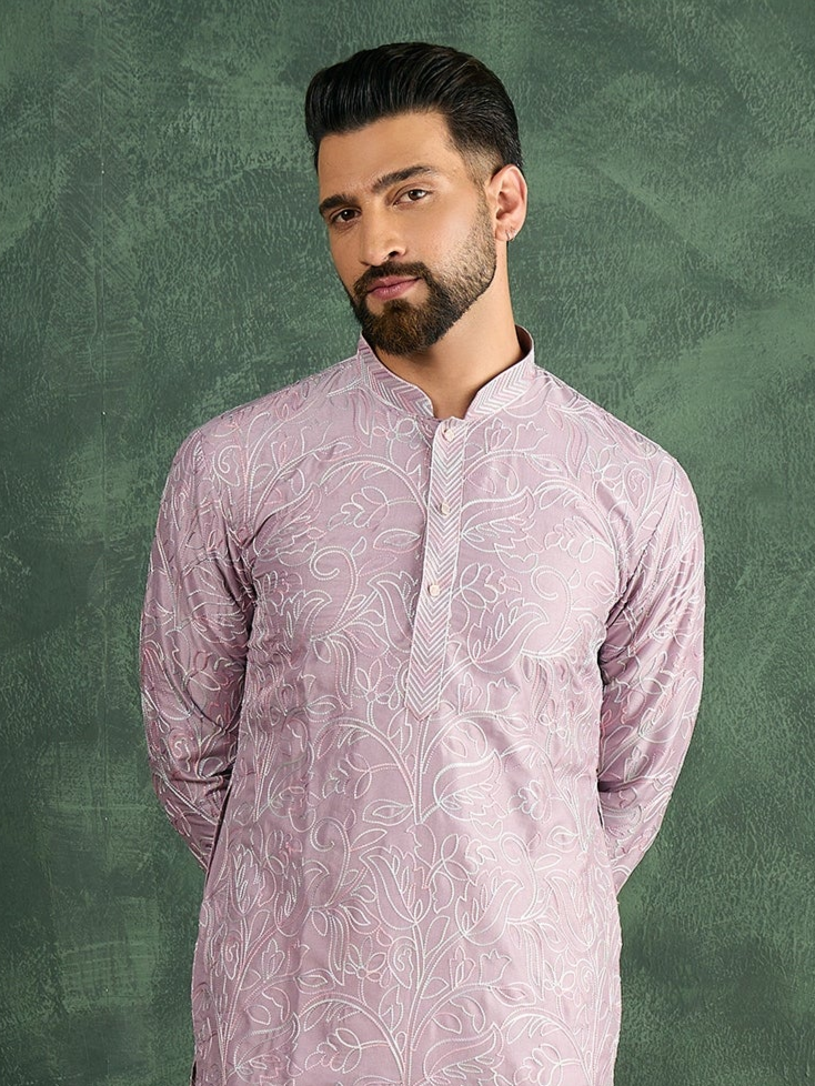Lilac Silk Embroidered Kurta Trouser Set