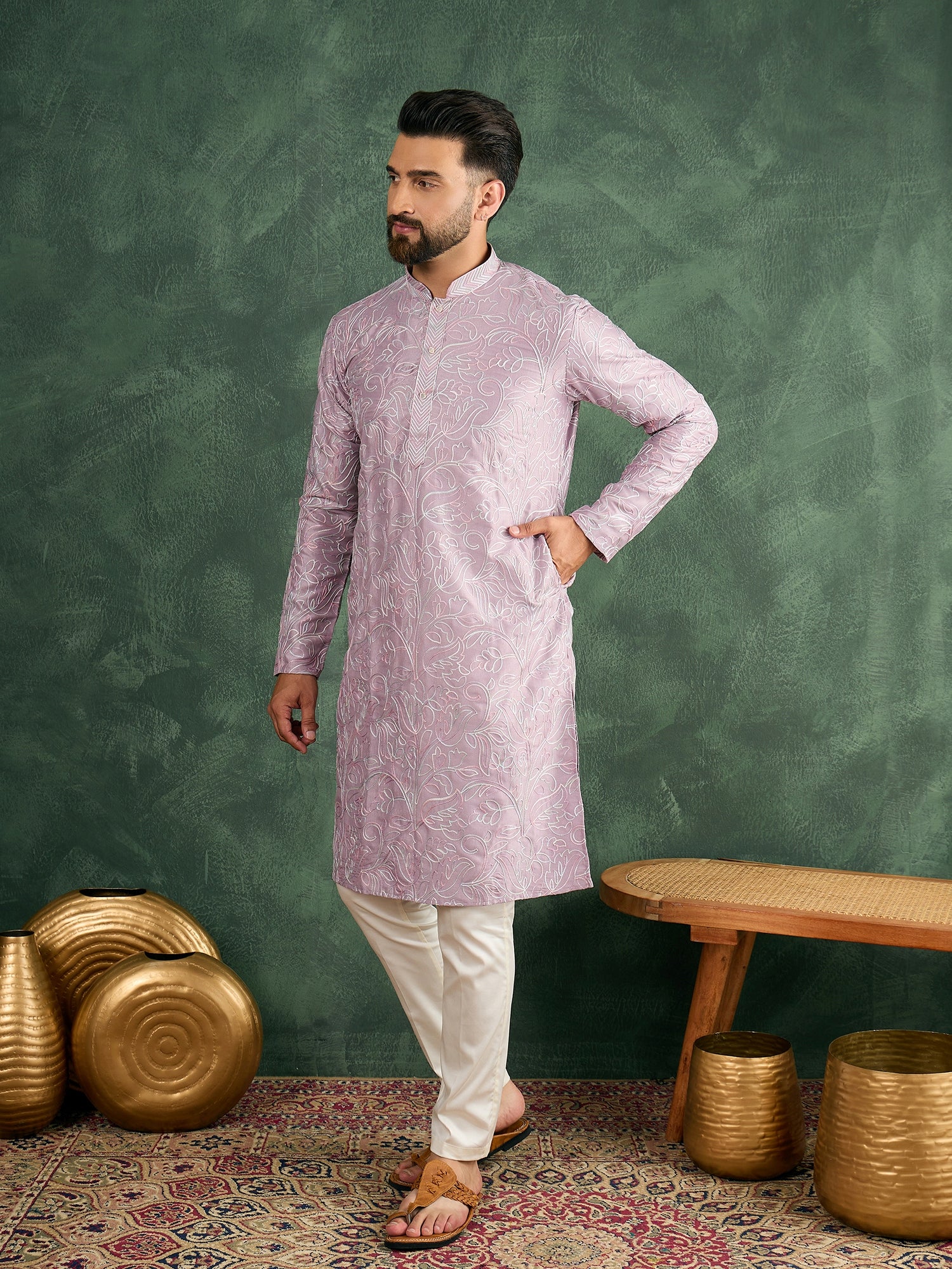 Lilac Silk Embroidered Kurta Trouser Set