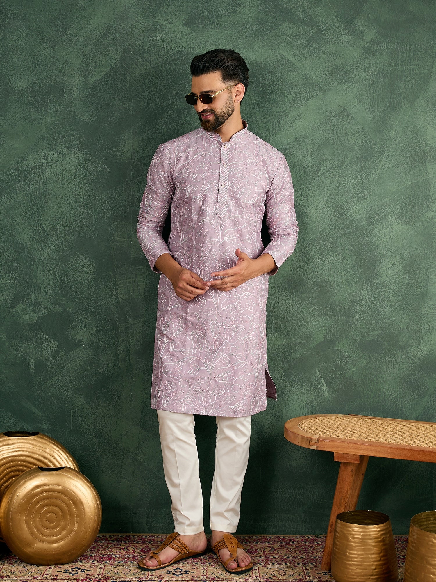 Lilac Silk Embroidered Kurta Trouser Set