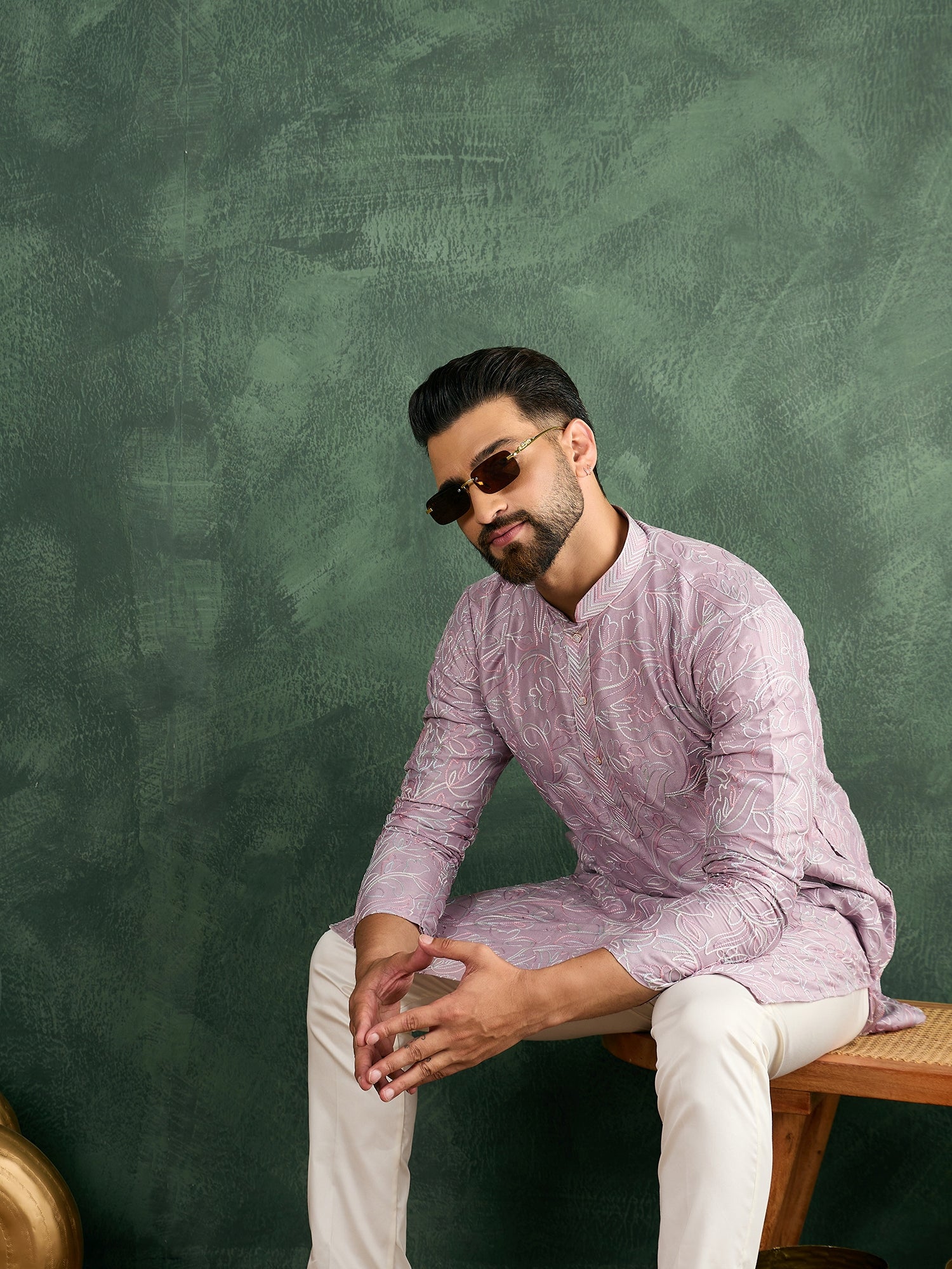 Lilac Silk Embroidered Kurta Trouser Set