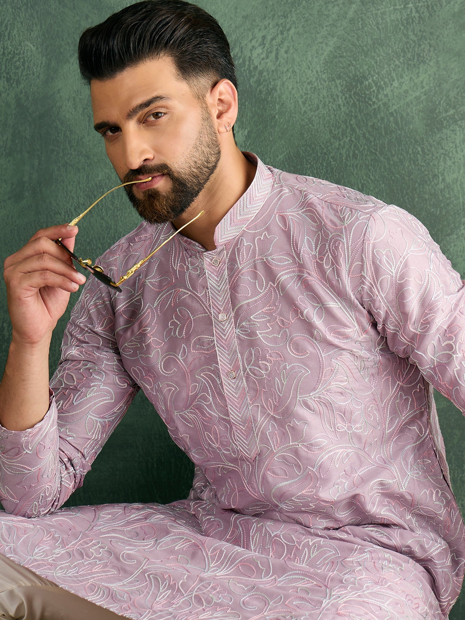 Lilac Silk Embroidered Kurta Trouser Set
