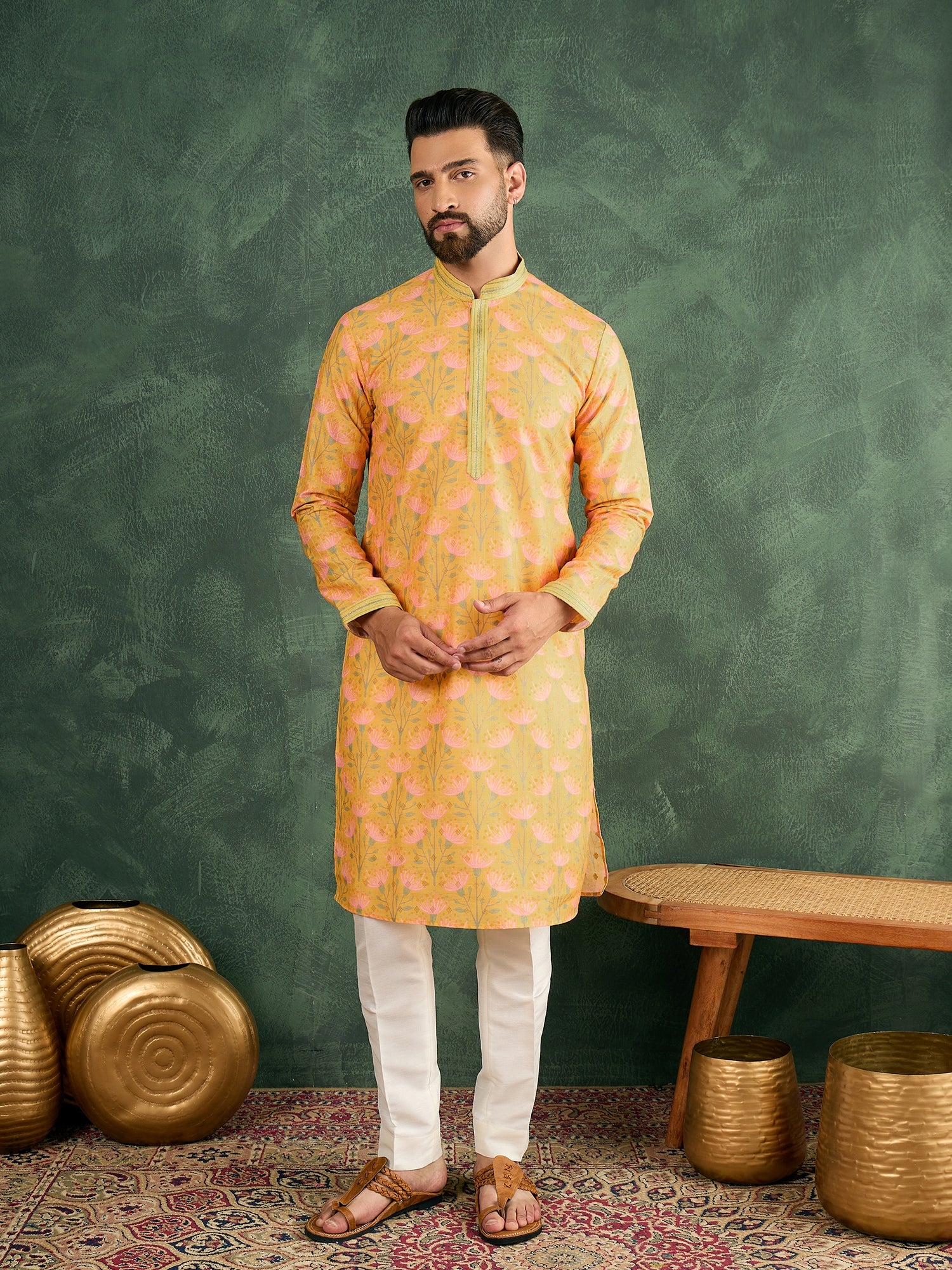 Yellow Silk Pintex Kurta Trouser Set