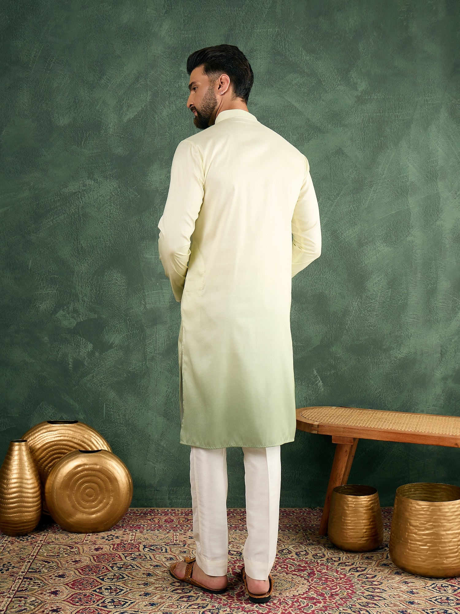 Men Green Silk Ombre Kurta Only