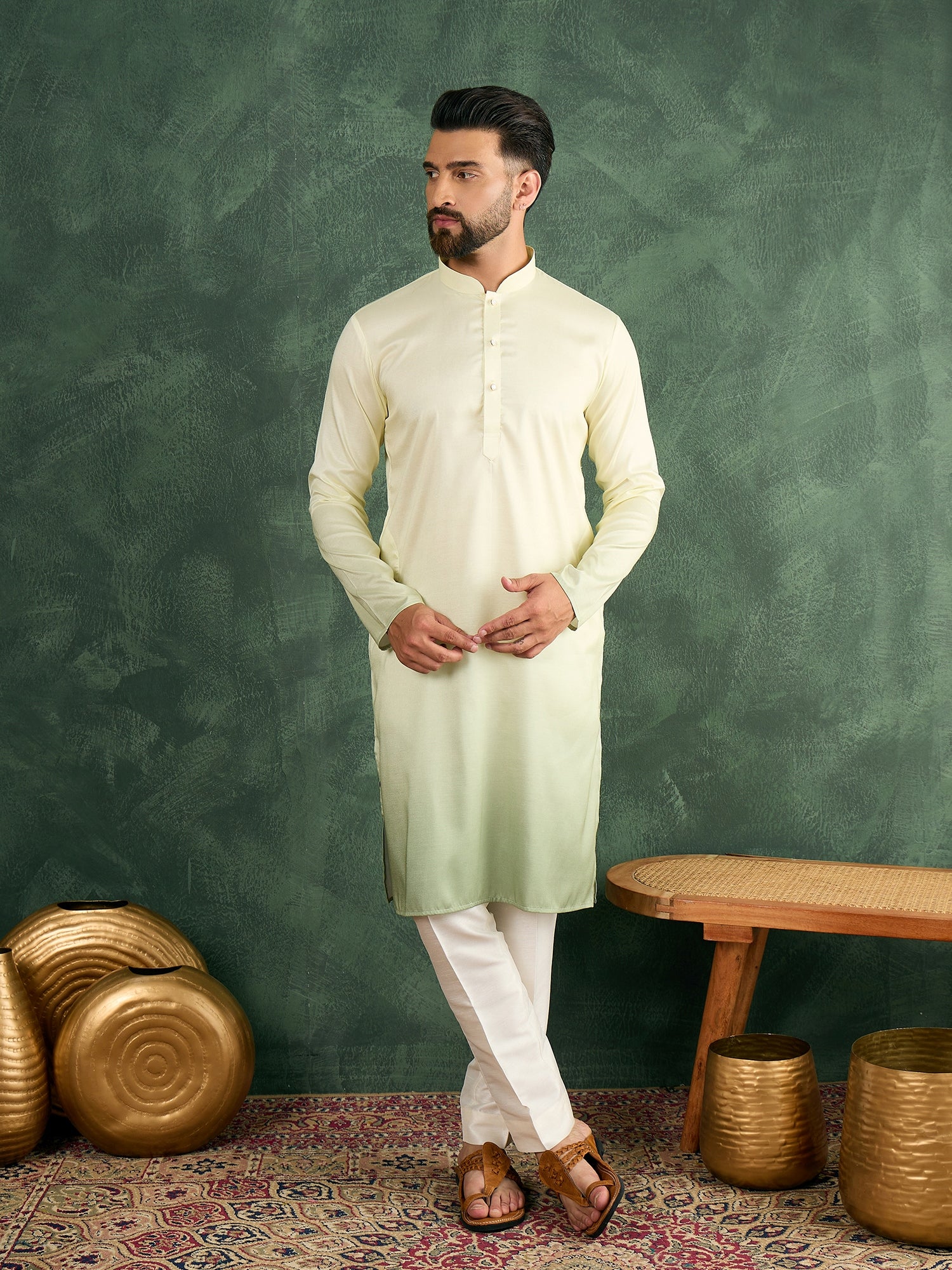 Men Green Silk Ombre Kurta Only