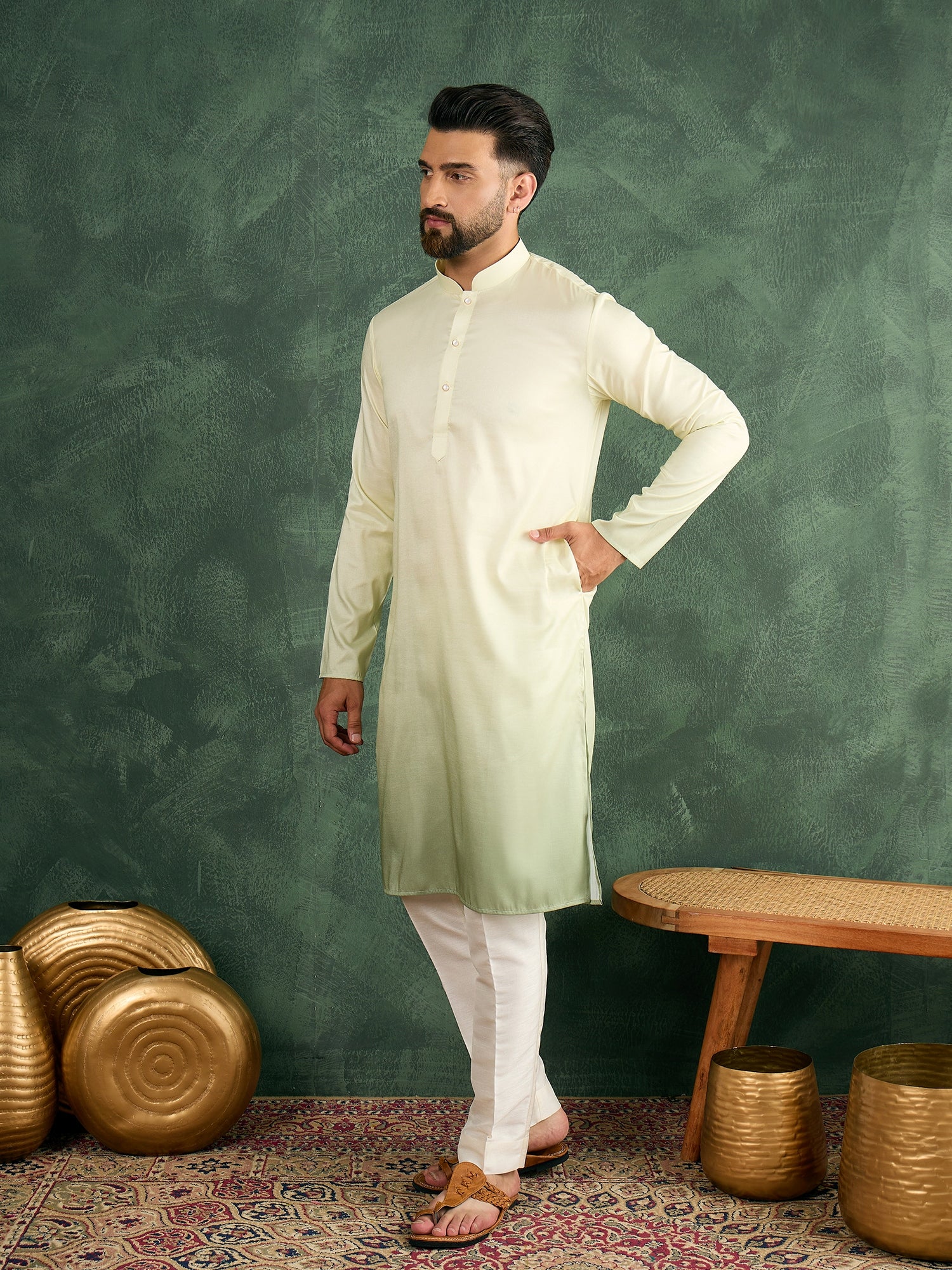 Men Green Silk Ombre Kurta Only