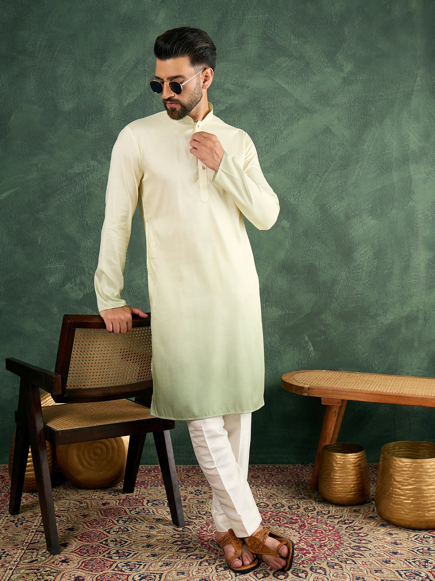 Men Green Silk Ombre Kurta Only