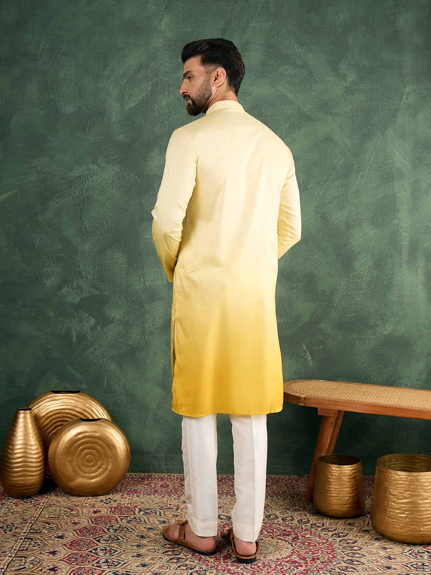 Men Yellow Ombre Silk Kurta Only