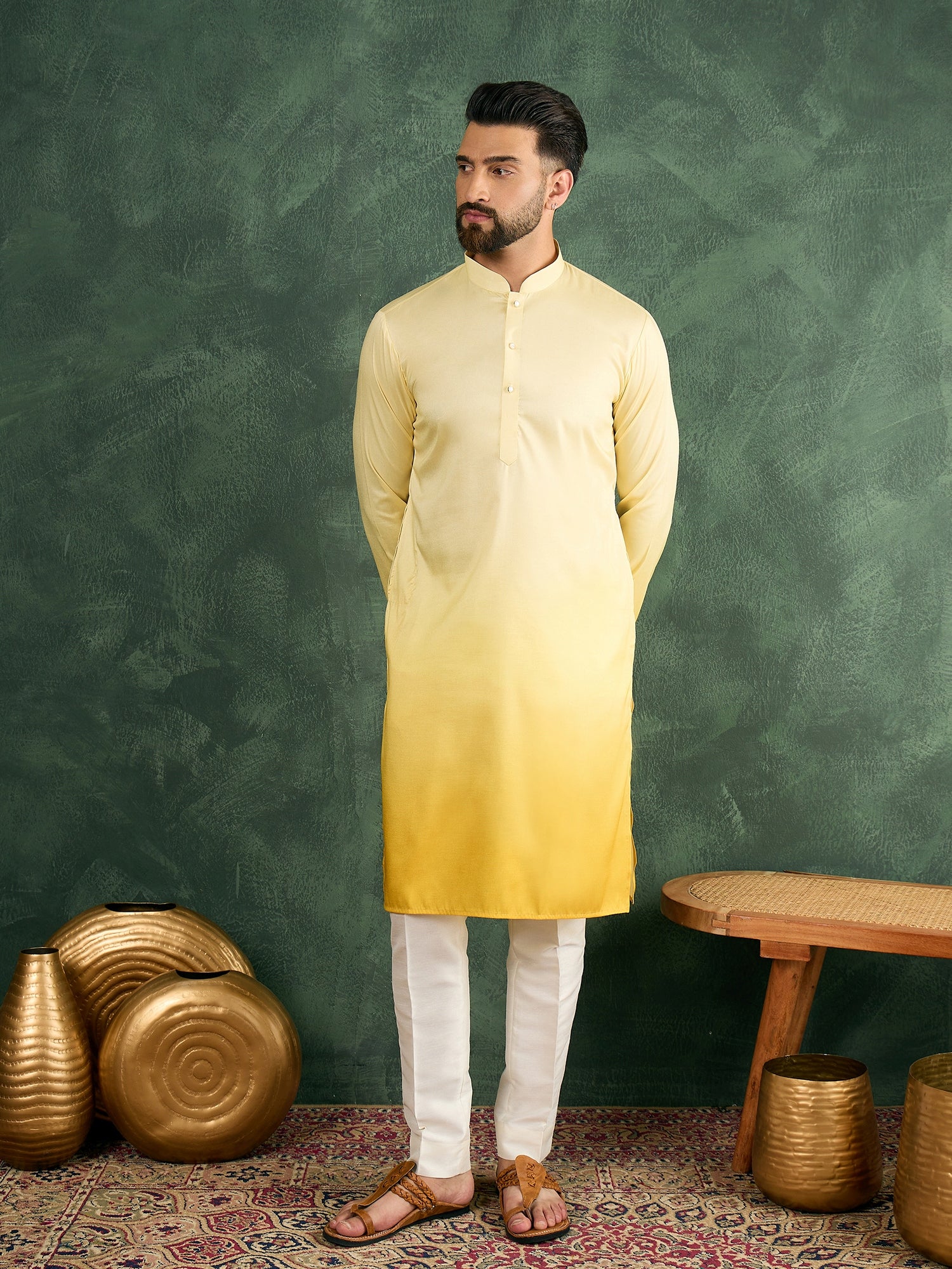 Men Yellow Ombre Silk Kurta Only