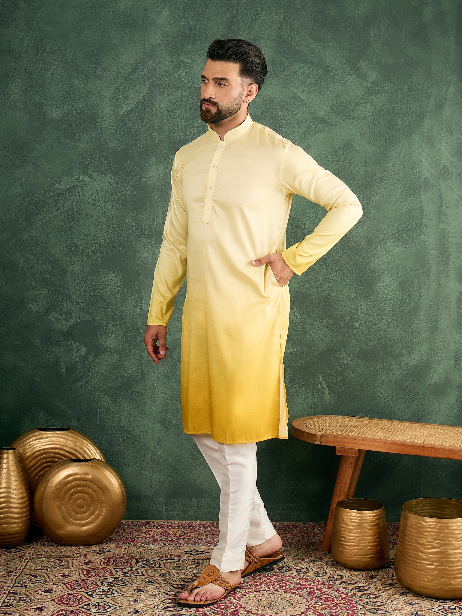 Men Yellow Ombre Silk Kurta Only