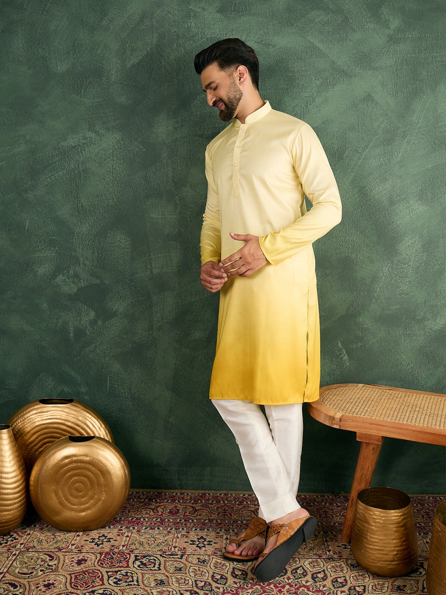 Men Yellow Ombre Silk Kurta Only