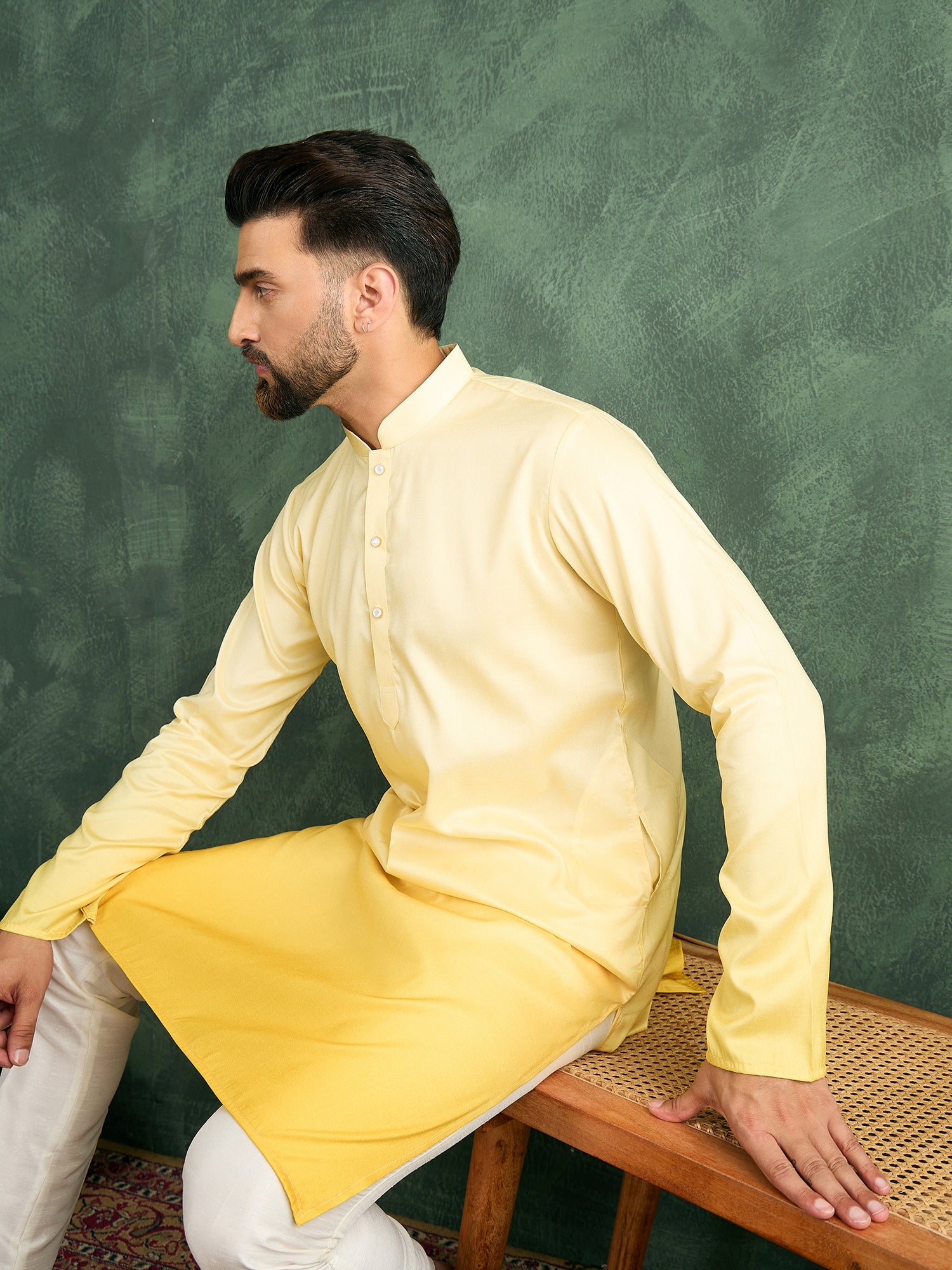 Men Yellow Ombre Silk Kurta Only