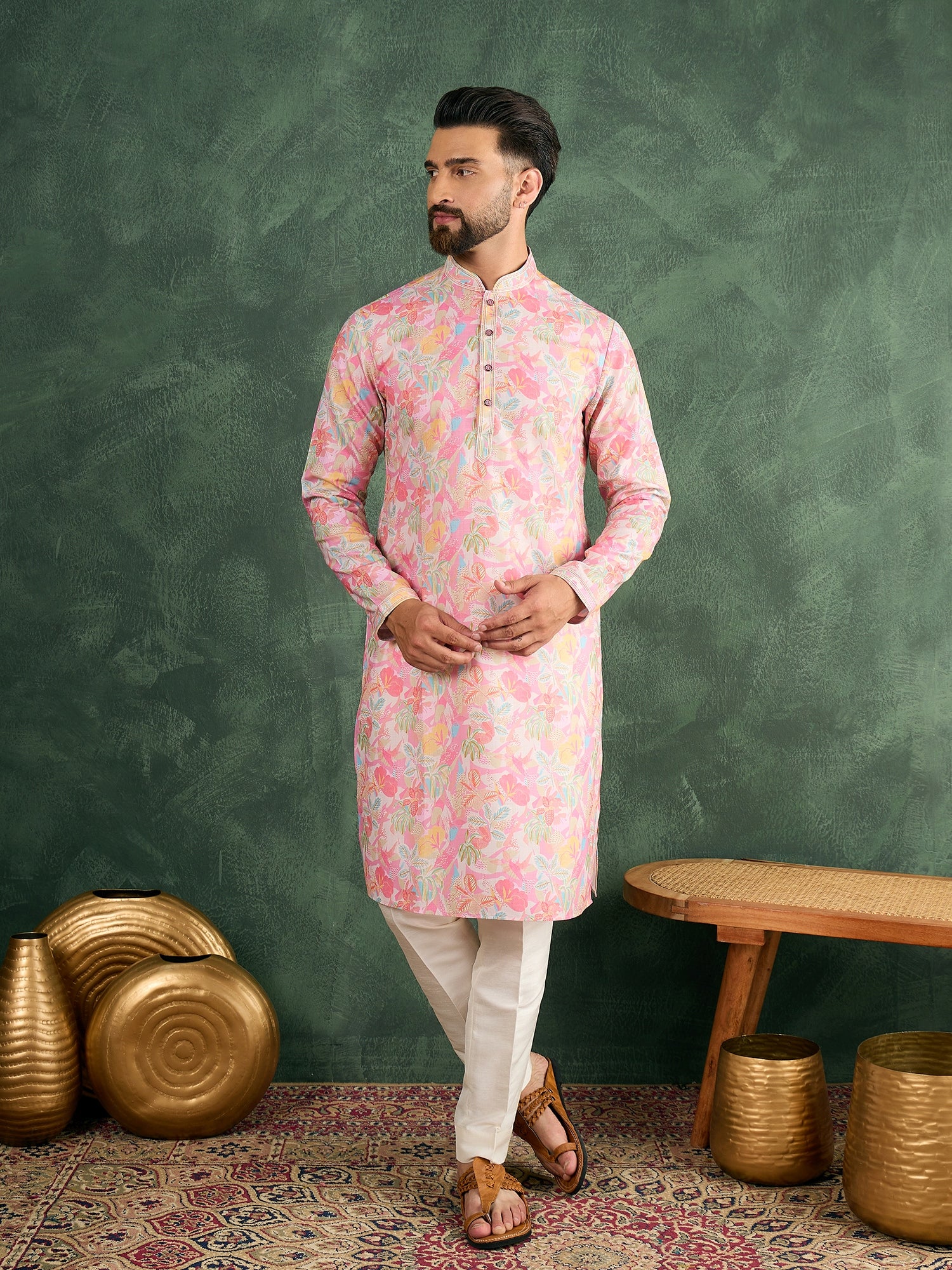 Men Floral Design Kurta Trouser Set