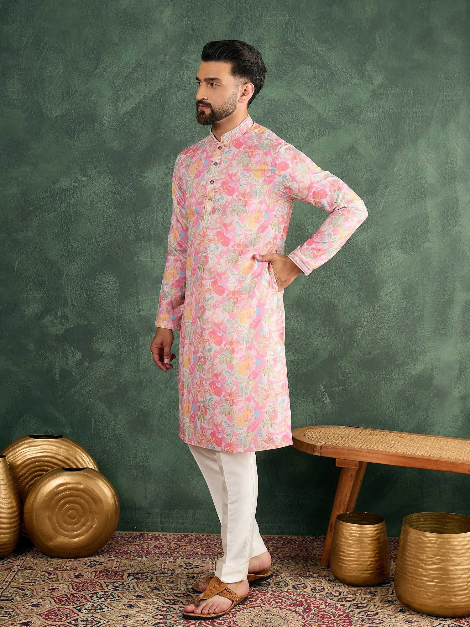 Men Floral Design Kurta Trouser Set