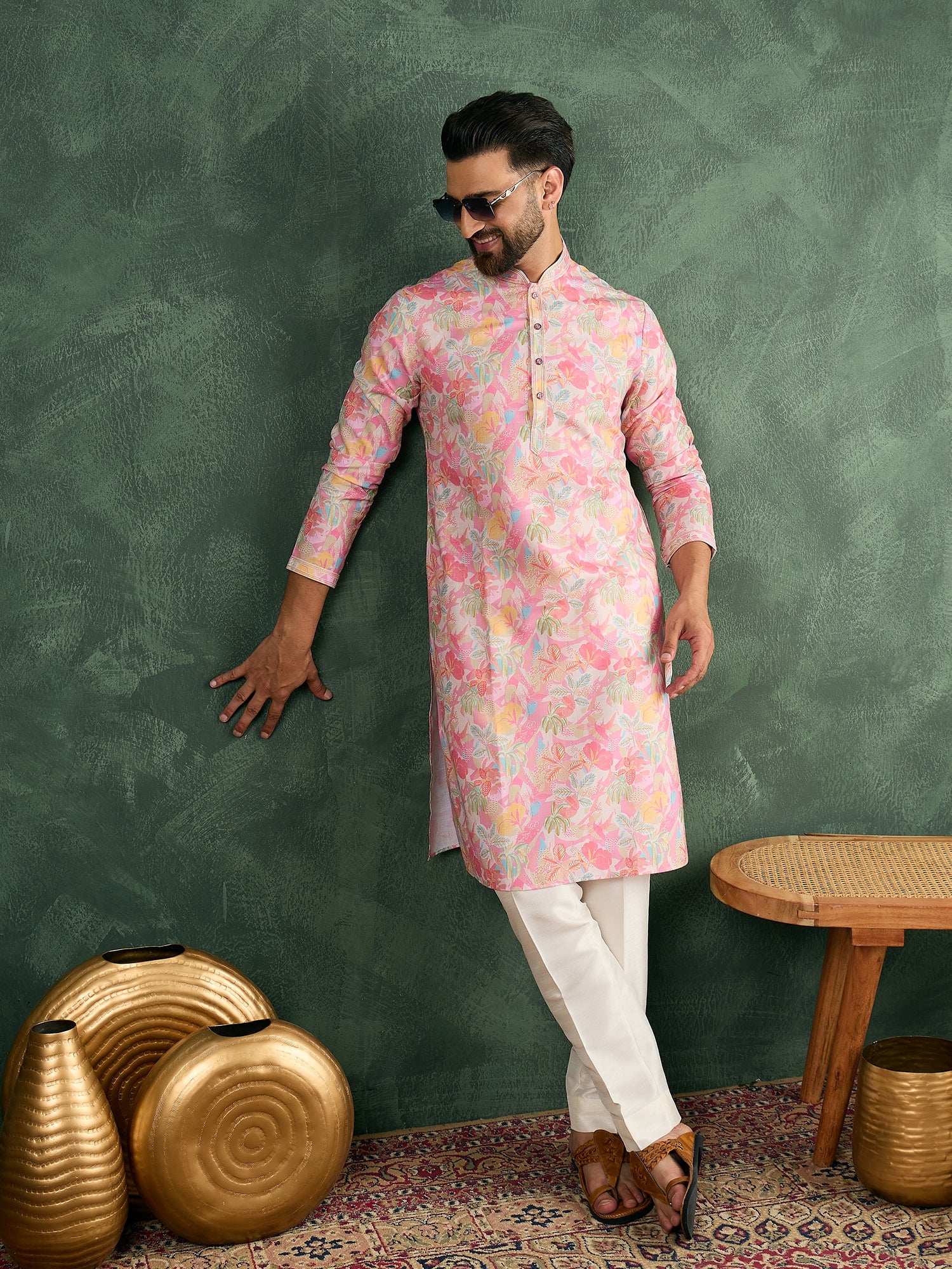 Men Floral Design Kurta Trouser Set