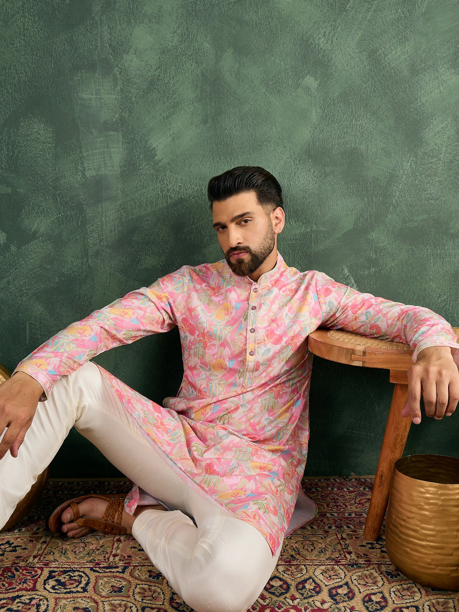 Men Floral Design Kurta Trouser Set
