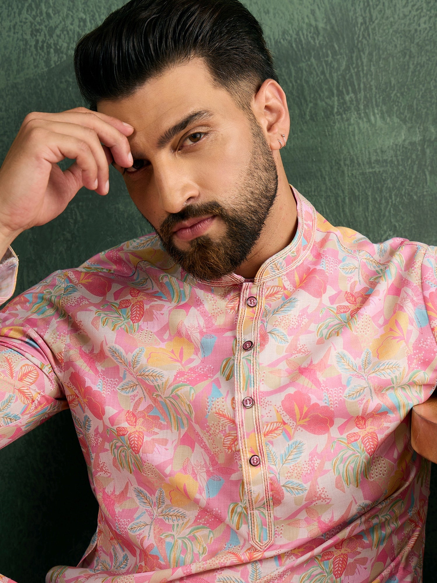 Men Floral Design Kurta Trouser Set