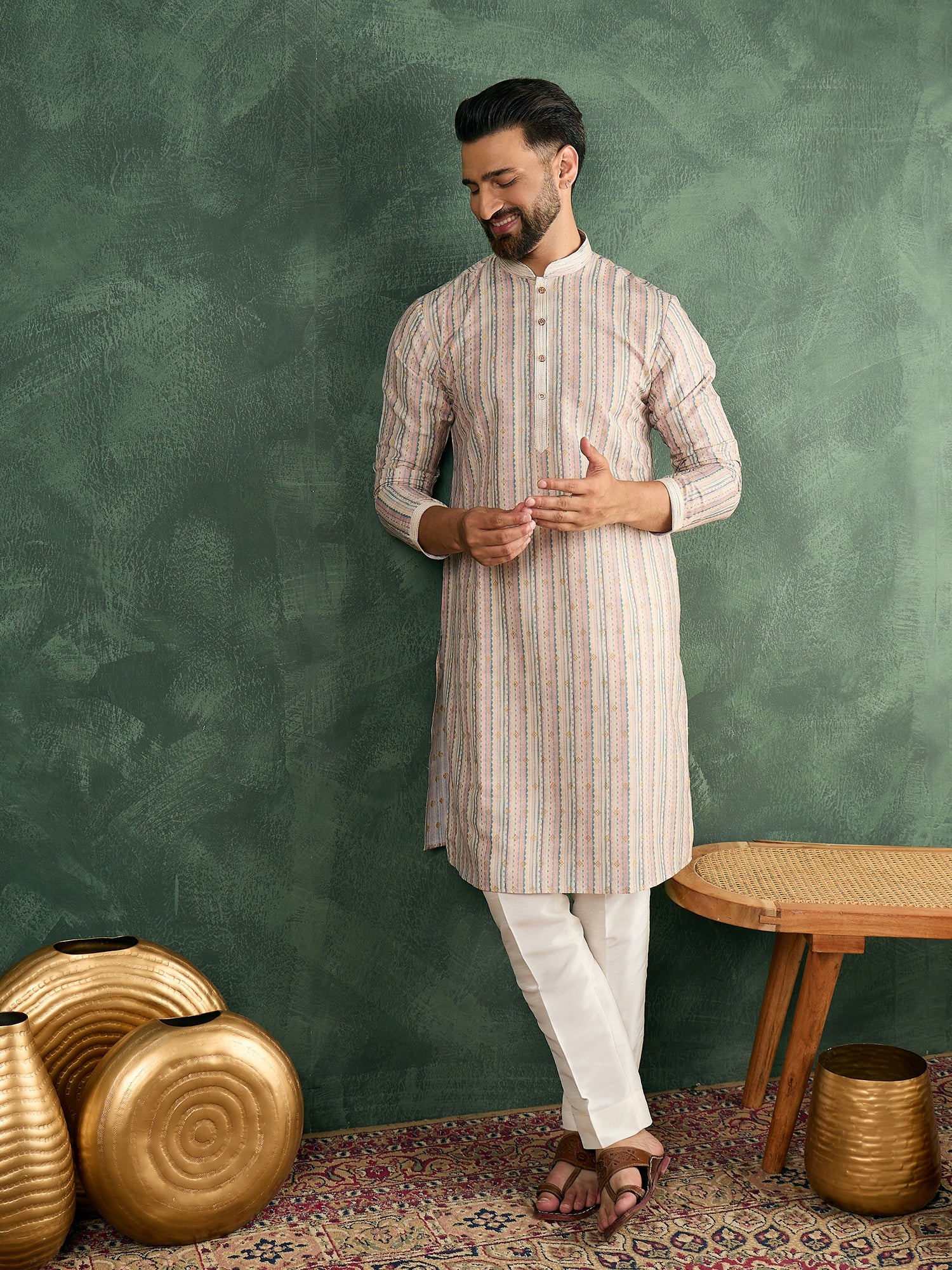 Off-White Printed Pintex Kurta Trouser Set